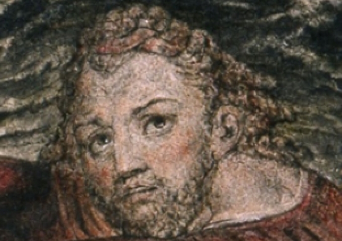 Eine Nahaufnahme eines Gemäldes. Ein männliches Gesicht schaut schräg nach oben.