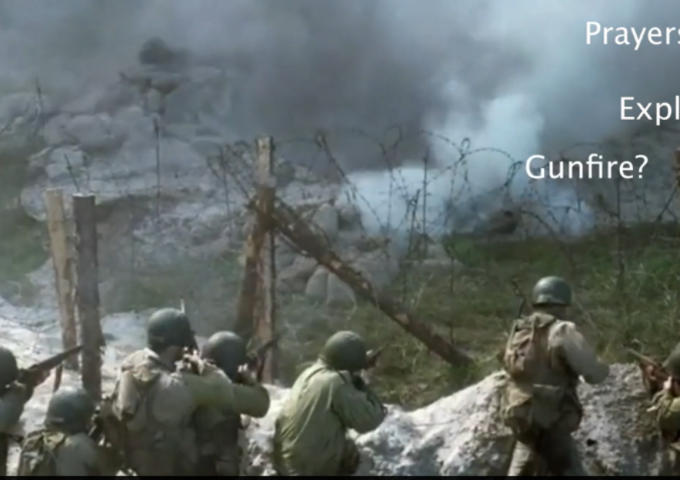 Das Bild zeigt ein Schlachtfeld und Soldaten.